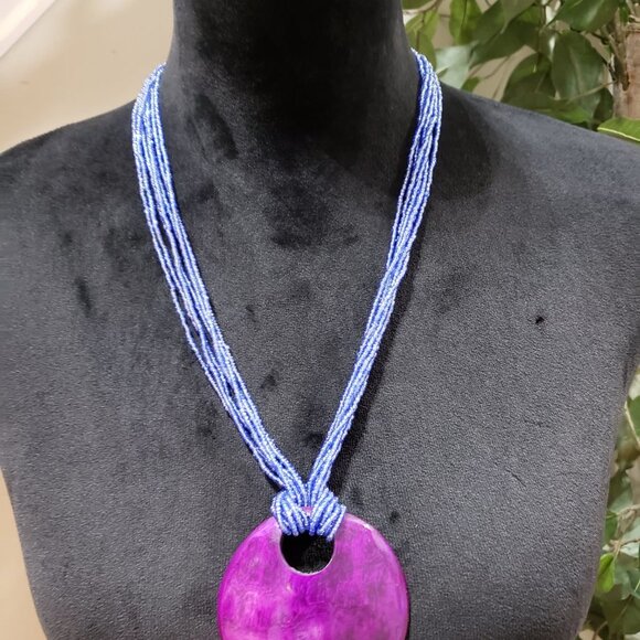 Womens Fashion Chunky Multi Strand Elegant Blue Seed Beaded Big Pendant Necklace - Picture 2 of 6